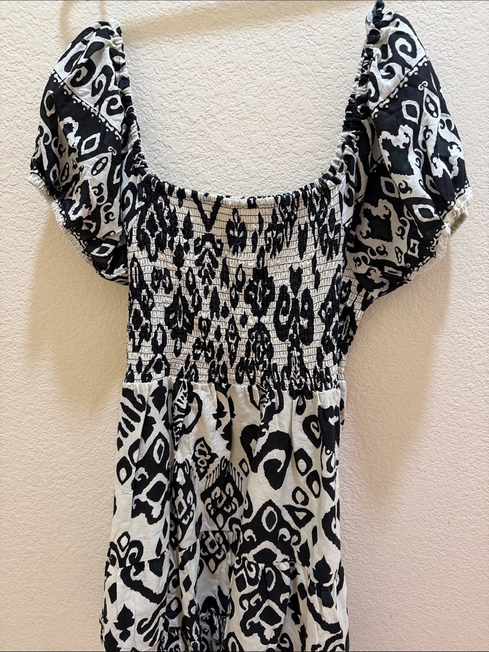 Smocked Puff-Sleeve Black & White Printed Tunic Dress